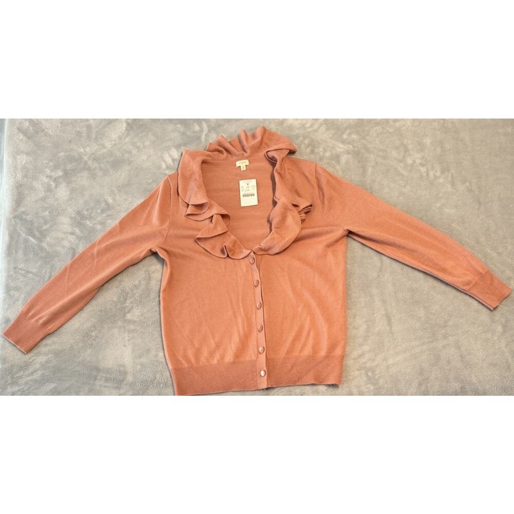 Small NWT J.Crew 100% Merino Wool Ruffle Cardigan Sweater Pink Vintage Rose New - Picture 2 of 15